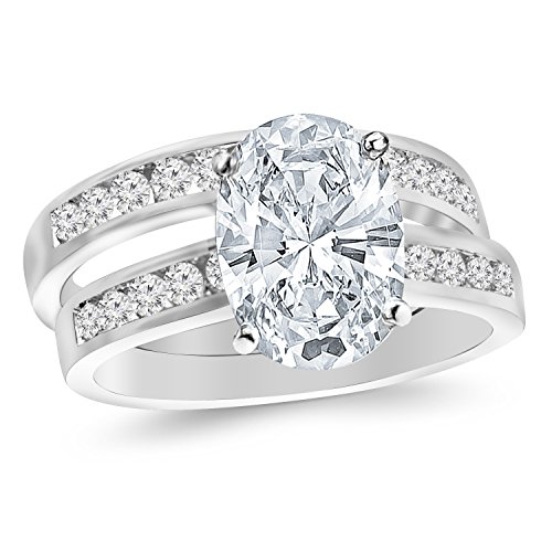 14K White Gold 1.5 to 4.5 Carat LAB GROWN DIAMOND Classic Channel Set Wedding Set Bridal Band & Oval Cut Diamond Engagement Ring (G-H Color VS2-SI1 Clarity)