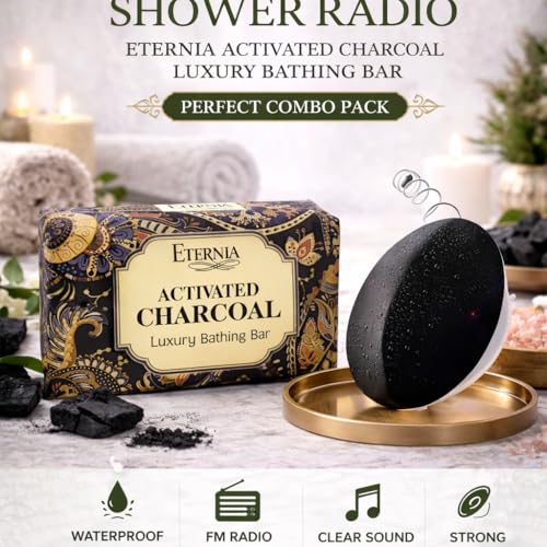 Image of Eternia Activated Charcoal Soap Bar (250g) Face & Body Cleanser with Waterproof Shower Radio | Deep Cleansing, Oil Control & Refreshing Bath Combo