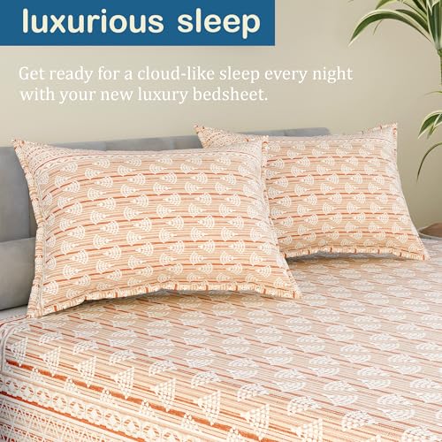 Image of Kuber Industries Cotton 160 TC Double Bedsheet With 2 Pillow Covers | Machine Washable Soft Bedsheet For Living Room, Home & Hotels | Triangle Border Heritage Print - Orange