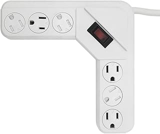 Uninex PS112 Space Saving Corner Power Strip with Locking/Rotating Safety Covers, 14/3 AWG, Grounded 6-Outlet, UL Listed, White, 4-Foot