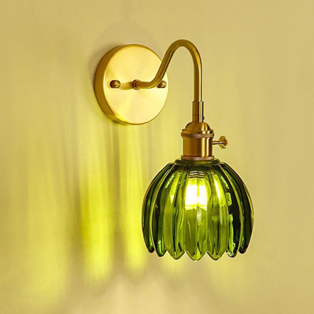 Lampa ścienna w stylu vintage, mosiężna, złota, z gwintem E27, z przełącznikiem i zielonym wzorem kwiatowym, szklany klosz, lampka nocna, dekoracyjna lampa do salonu, sypialni, restauracji, kawiarni,