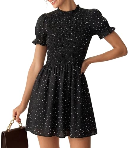 Image of RIHOAS Plaid Gingham Midi Dress Short Sleeve Smocked Dresses for Women | Cotton,Ruffle Puff Sleeves,Vintage Brown,Spring Summer Casual Daily,Picnic,Travel,Vacation,Christmas Festive Occasions