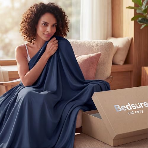Image of Bedsure Lightweight Cold Blanket for Summer, Bed Cooling Blanket Throw Size for Hot Sleepers, Ice Cool Essentials for Hot Nights, Breathable Thin Bedding for Teens, Adults, Navy, 50 inch x 60 inch