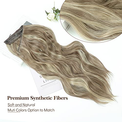 Ms TAj Light Brown with Blonde Halo Hair Extensions Highlights 20inch with Adjustable Size Removable Clips Invisible Secret Synthetic Curly Hairpiece for Women - Image 2