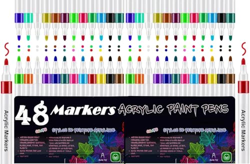 Image of Amitasha 48 Colors Acrylic Fine Point Markers Paint Pen for Wood, Canvas, Stone, Rock Painting, Glass, Ceramic Surfaces, Diy Crafts Making Art School Supplies