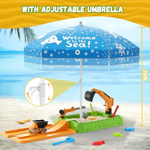 HYES Dirt Digger Excavator Sandbox for Kids, Sand Box with Lid, Sand Pit with Construction Toys and Parasol, Beach Toys for Toddler 3-5, Sensory Kit Summer Gifts for Indoor Outdoor Garden, Green - 5