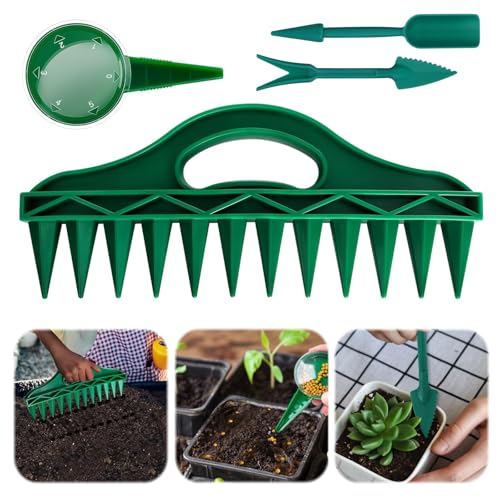 4er Set Sämaschine Pflanzhilfe mit 12 Löchern SamenSpender zur Vermehrung mit verstellbarem Hand Setzgerät Pikierstab und Pikiergabel Pflanzensamen Werkzeug Für Gartenbau-Aussaat