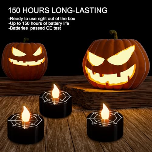 Image of Black Halloween Tea Lights Candles with 6H Timer, Flameless Candles with Spider Web Flickering, LED Candles Battery Operated 12 Pack Φ 1.5 inch H 1.4 inch for Fall Halloween Decorations