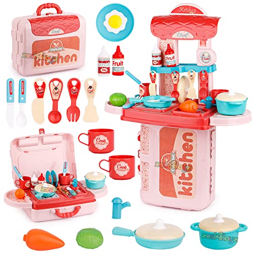 Image of Zest 4 Toyz Kitchen Set for Girls 3-in-1 Portable Suitcase Toy Kitchen Cooking Set with Pots Utensils & Food Toy for Kids (19 Pieces) Role Play Home Game for Girls