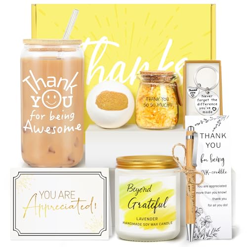 iAOVUEBY Thank You Gifts for Women, 7PCS Employee Appreciation Gift Baskets, Teacher Appreciation Gifts, Gift for Coworkers Teacher Principal Boss Secretary Nurse - Spa Gratitude Glass Cup Gift Box