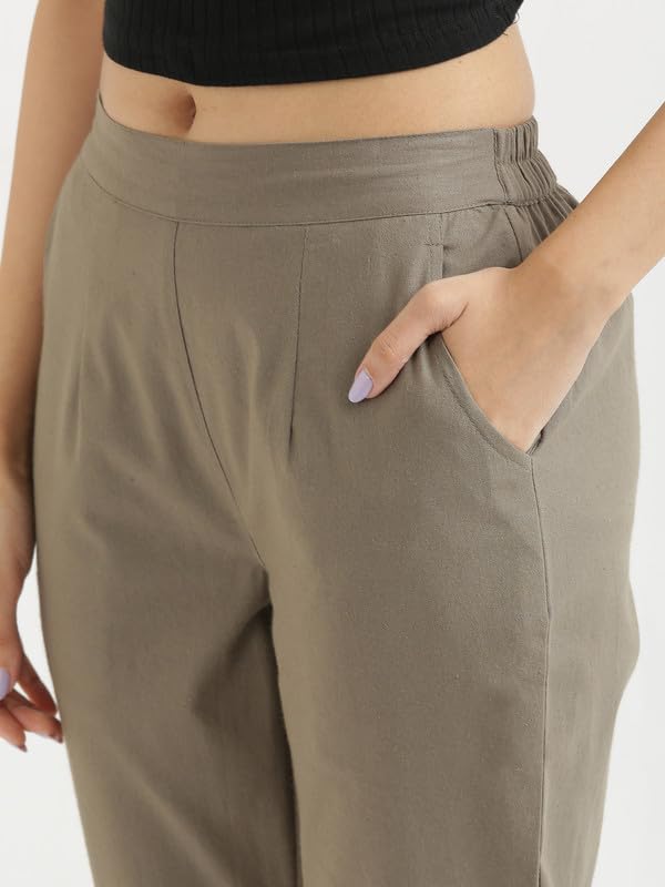 Image of SAADAA Women's Regular Fit Mid-Rise Cotton Pants | Half-Elasticated Waist | Comfortable Casual Trousers with 2 Pockets for Daily, Office & Travel Wear |