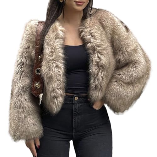Womens Winter Faux Fur Jacket Long Sleeve Cropped Coat Fluffy Open Front Fashion Shaggy Outerwear Short Coat