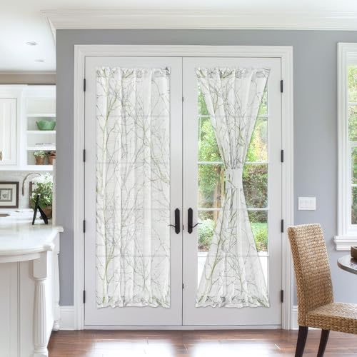 Image of FMFUNCTEX French Door Curtains 72 Inches Long Green and White Semi-Sheer Panel with Matching Tie-Back for Front Doors 50 Inches Wide