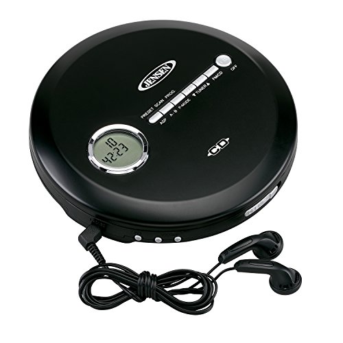 Jensen Portable CD Player Slim CD Personal MP3/CD/FM Radio Player with 60-Sec Skip Protection & FM Radio LCD Display Bass Boost for CD CD-R CD-RW & Ear-Buds (Black Series Edition Model)