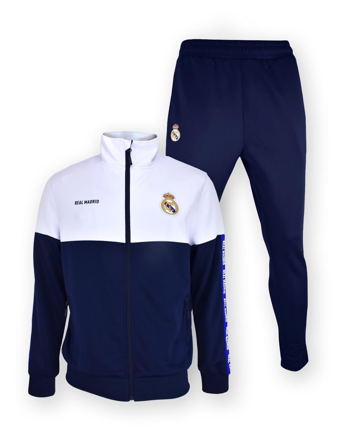 Real Madrid Chándal Dos Piezas Chaqueta Blanca y Azul y pantalón Azul para Adulto Producto Oficial