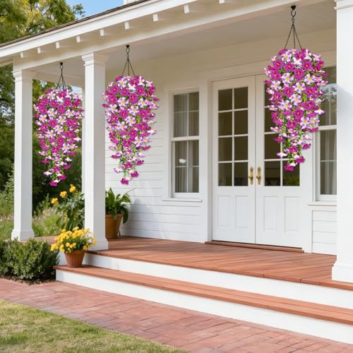 4PCS Artificial Fake Hanging Flowers Plants for Outdoor Decoration Faux Silk Morning Glory with Eucalyptus Leaves UV Resistant Realistic Flowers for Balcony Porch Patio Yard (White image 6