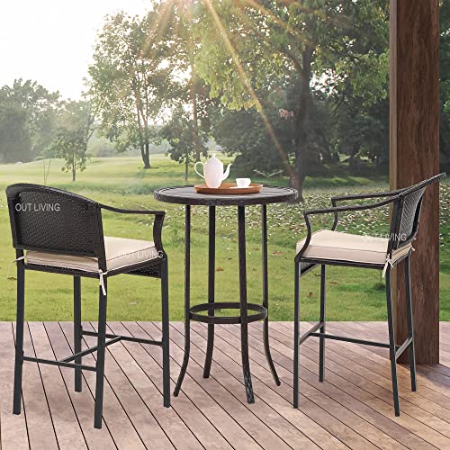 Image of OUTLIVING Rattan Wicker Outdoor Bar Patio Table with 2 Chairs Set for Home Graden Balcony 2 Seater Bar Patio Furniture - (Black & Cream Cushion)