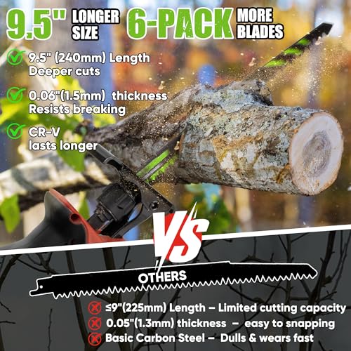 Image of 9.5-Inch 6-Piece Wood Pruning Reciprocating Saw Blade Set | 5 TPI,CR-V Steel, Extended Blade, Universal Shank for Tree Trimming, Wood & Plastic Pipes Cutting, Storage Box