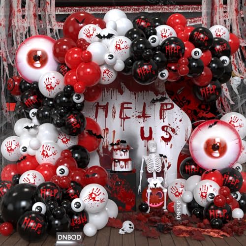 Bloody Scary Halloween Balloon Arch Kit 159Pcs Red Black White Bloody Handprints Balloon Garland with Eyeball Foil Balloons 3D Bat Stickers for Horror Movies Night Killer Birthday Party Decorations