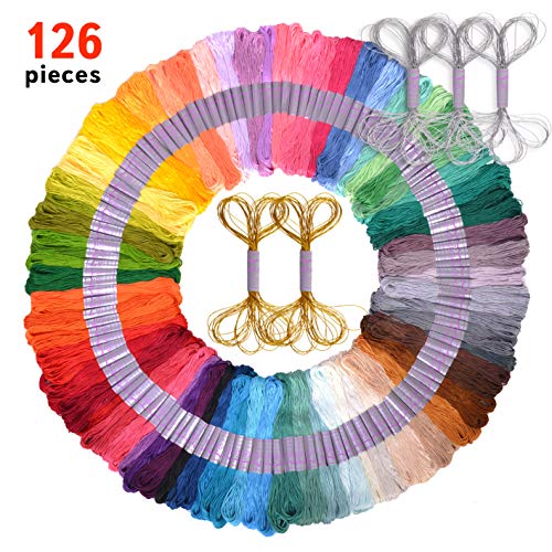 Kit Premium de 126 Piezas De hilo de Bordar y Pulseras de Amistad - Tarjeta de Colores DMC, Hilos Dorados y Plateados Incluidos - Punto de cruz, Kit de Costura - Regalo Ideal para Niñas