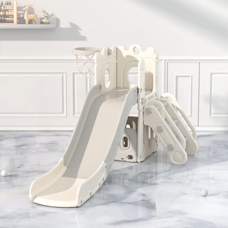 Toddler Slide with Basketball Hoop Plastic Folding Kids Slide Enclosed Steps Big Waiting Area Easy Assemble Indoor Slide Toy for Children Age 1-8 Castle Grey White