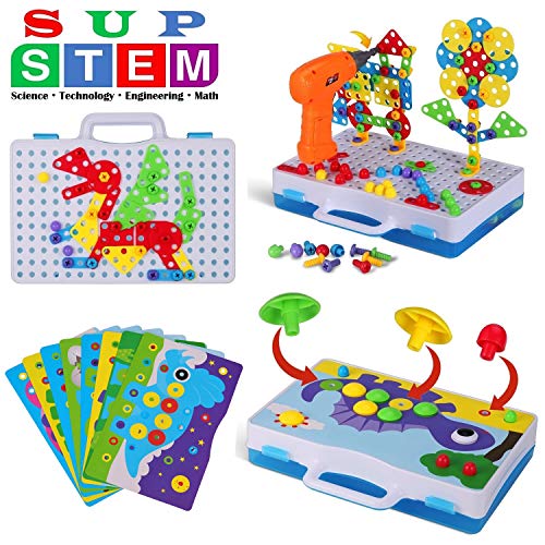 224 Pieces STEM Learning Toys, Electric DIY Drill Educational Set, Mushroom Mosaic Puzzle, Construction Engineering Building Blocks,Best Early Toys, Creative Games and Fun for 3 4 5 6 7 8 9 Year Old