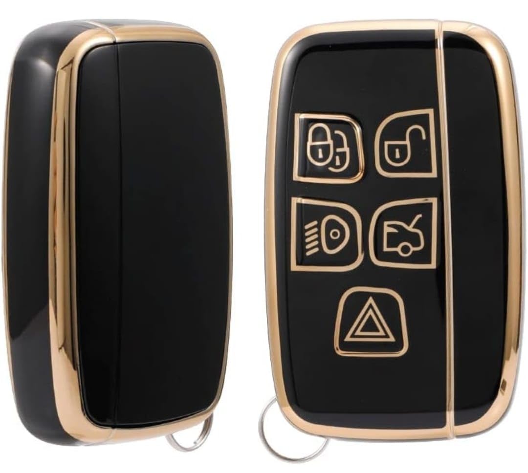 TPU Car Key Cover Black & Golden Fit for Jaguar F-PACE F-Type Range Rover XF XJ XE, Discovery, Evoque, Velar, Sport, Defender (Land Rover & Jaguar, 5 Button Push Smart Key)