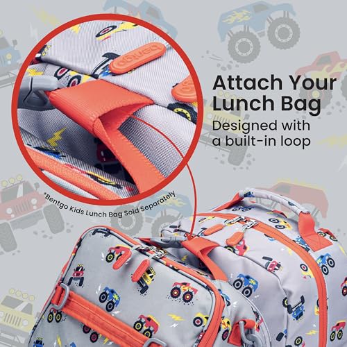 Image of Bentgo Kids Backpack - Lightweight 14 inch Backpack in Fun Prints for School, Travel, & Daycare, Ideal for Ages 4+, Roomy Interior, Durable & Water-Resistant Fabric, & Loop for Lunch Bag (Trucks)