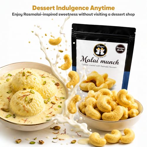 Image of DRIYOZ Malai Munch Rasmalai Flavoured Cashews 250g | Premium Crunchy Kaju Coated with Creamy Malai Granules | Gourmet Indian Sweet Snack for Gifting, Festivals & Celebrations