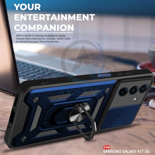 Image of AESTMO Tough Armor Compatible with Samsung A17 5G / F17 5G / M17 Bumper Back Case Cover | Ring Holder & Sliding Camera Shield Cover | 360 Degree Protection Back Case Cover (Blue)