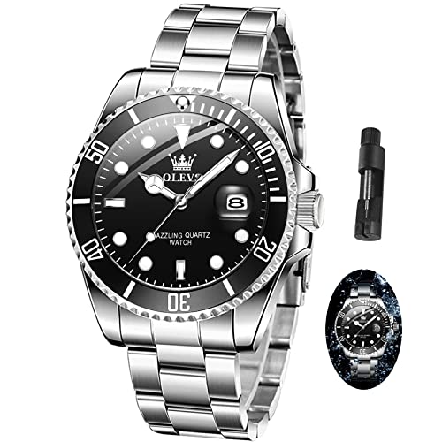 OLEVS Silver Watch for Men with Luminous Day Easy to Read Rotatable Bezel Dial, Stainless Steel Waterproof Analog Quartz Classic Mens Watches Gift para Mujer