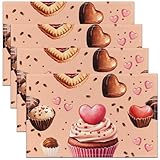 Juego De 4 Manteles Individuales, Feliz Día del Amor Cup Cakes Postre Romántico Deliciosa Galleta Decorativo Individual Mesa Antimanchas Salvamanteles Individuales para Mesa 30X45cm
