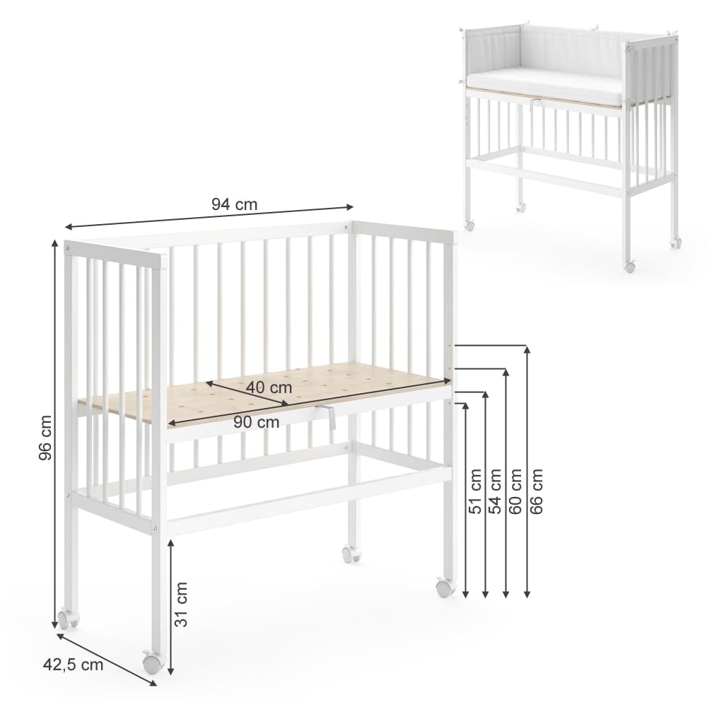 VitaliSpa Lettino da attaccare al letto Sophie, Bianco, 94 x 42.5 cm 1 binario laterale, regolabile in altezza con ruote per un facile posizionamento