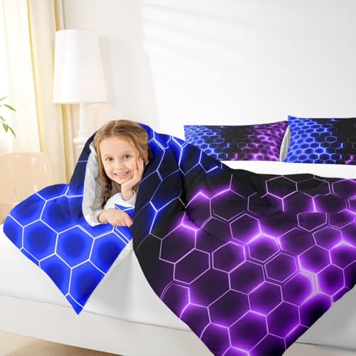 Image of Feelyou Blue Purple Honeycomb Bedding Set Fluorescent Geometric Honeycomb Comforter Set Beehive Hexagon Comforter for Boys Girls Geometric Duvet Set Queen Size Quilt 3Pcs Boys