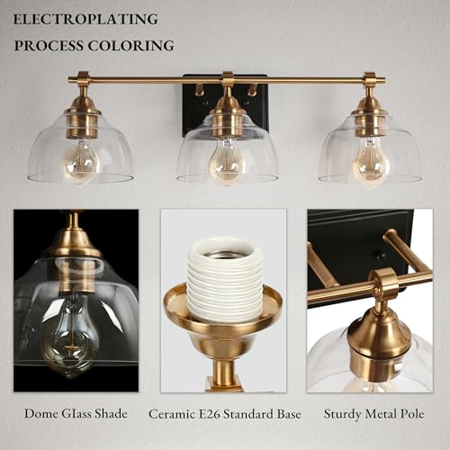 Image of KSANA Bathroom Light Fixtures, 3 Light Black and Gold Vanity Lights for Bathroom with Clear Glass Shade, 24.5'' Modern Brass Bathroom Lights Over Mirror