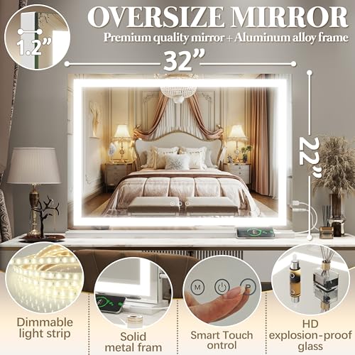 Image of FENNIO Vanity Mirror with Lights 32 inchx22 inch, Lighted Makeup Mirror, Large Vanity Mirror, Touch Sensor with 3-Color Lighting, USB Charging Port for Vanity Desk(Square White)