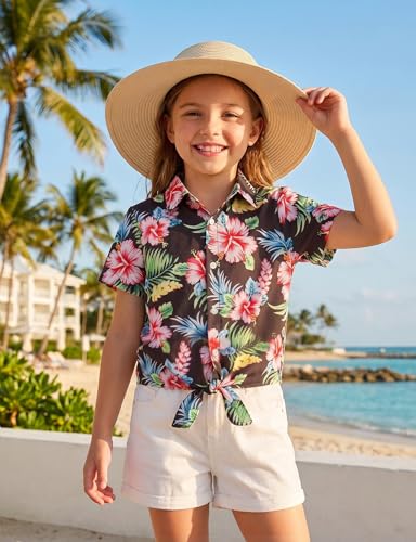 Image of Noomelfish Girls Tie Front Hawaiian Shirt Summer Floral Tropic Short Sleeve Button Down Tops (5-14 Years)
