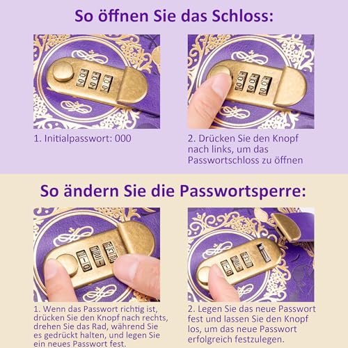 YUNAI Tagebuch mit Schloss, 200 Seiten Geheimes Tagebuch Mädchen Junge mit Code, Vintage Lock A5 PU Leder Journal, Geprägte Blume, Liniertes Papier für Büro Schule Studenten, Lila