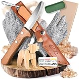 WOLKENGLÜCK® Schnitzmesser für Kinder ab 6 Jahre [sicher & abgerundet] – Outdoor-Taschenmesser mit Holzgriff – Schnitzset inkl. Etui, Handschuhen, Schärfset & Anleitung für sicheres Schnitzen