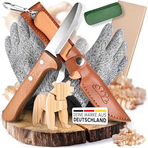 WOLKENGLÜCK Schnitzmesser für Kinder ab 6 Jahre [sicher & abgerundet] Outdoor-Taschenmesser mit Holzgriff Schnitzset inkl. Etui Handschuhen Schärfset & Anleitung für sicheres Schnitzen