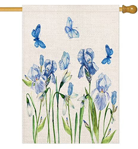 Qinqingo Blue Iris House Flag Double Sided 28" x 40" Flower Butterfly Decorative House Yard Flag Outdoor Spring Summer Floral Holiday Outside Decoration