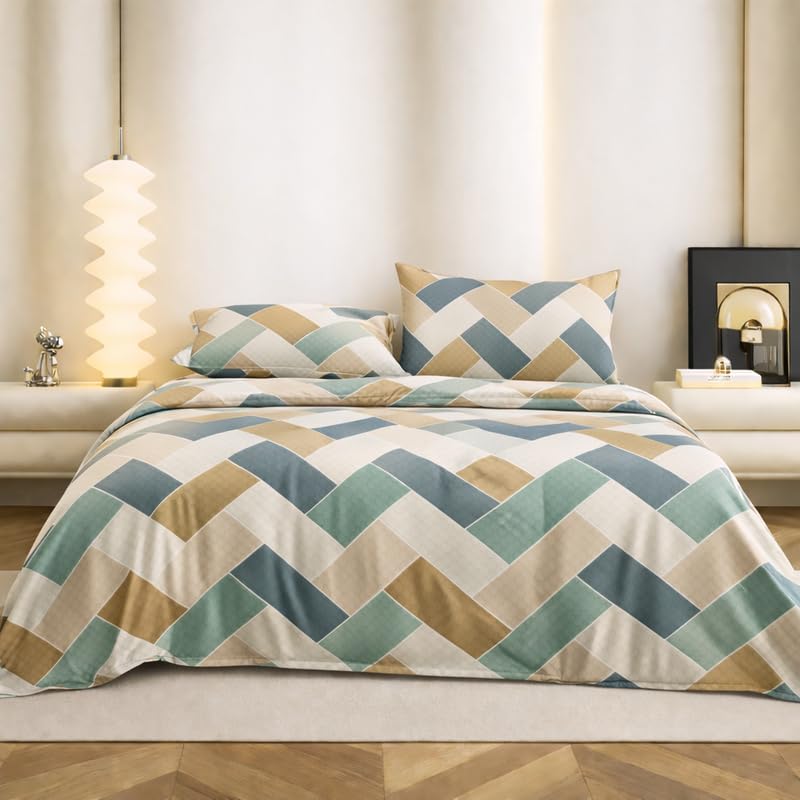 Super King Size Bedsheet | Cotton Flat Sheet Skin Friendly with Two Pillow Covers| 300 TC | Super Soft Bed Sheet for Double Bed | Floral Design (272 x 272 cm, Sage Beige Chevron)