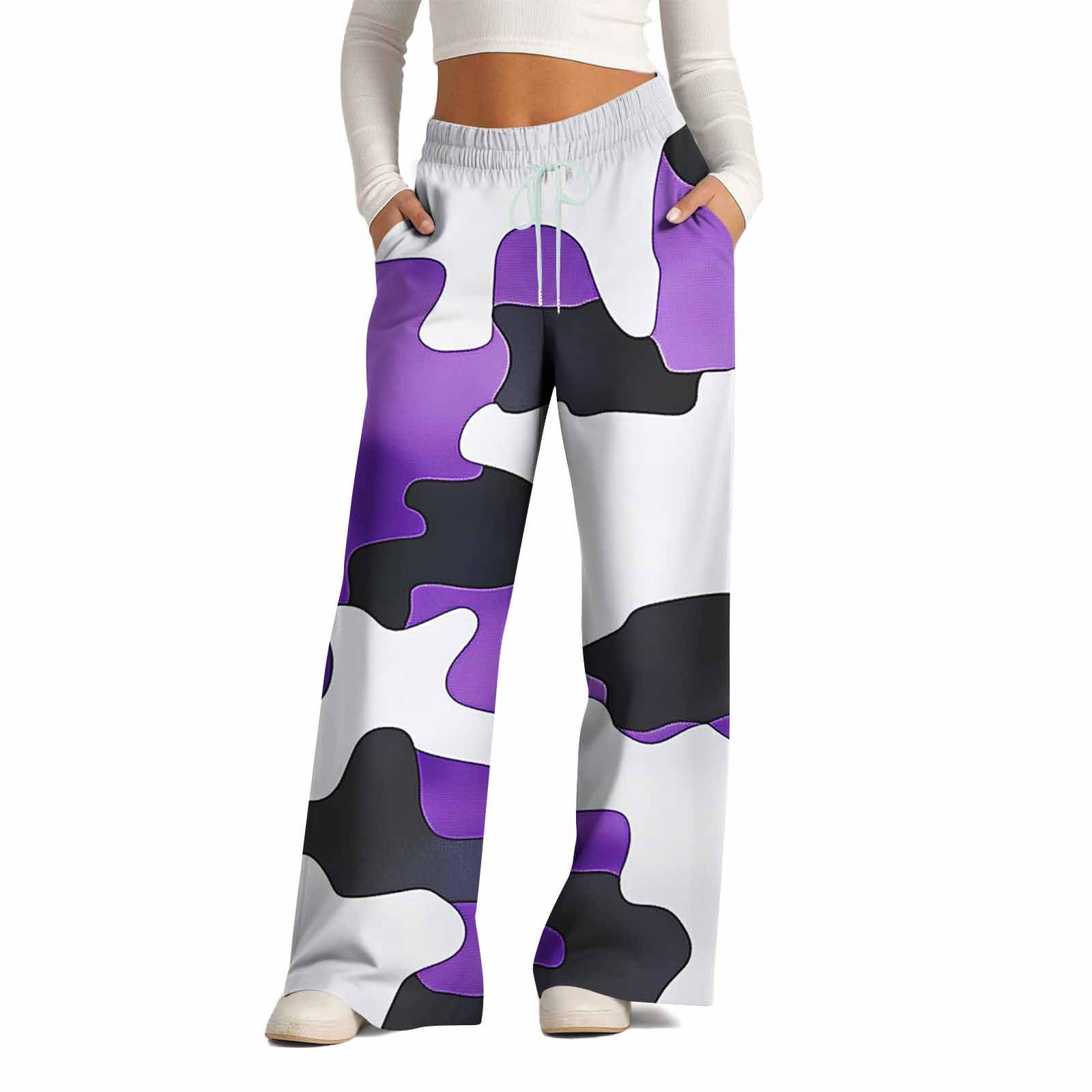 Camo Pants Women Casual High Waisted Wide Leg Sweatpants Drawstring Elastic Waist Baggy Straight Camoflage Trousers