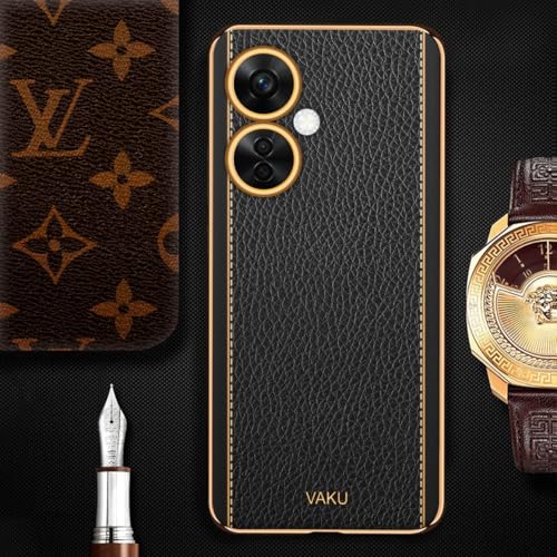 Image of Vaku Luxos Luxemberg Back Cover for OnePlus Nord CE 3 Lite 5G with Leather Pattern Gold Electroplated Soft TPU Cover Shockproof Protective Case- Black