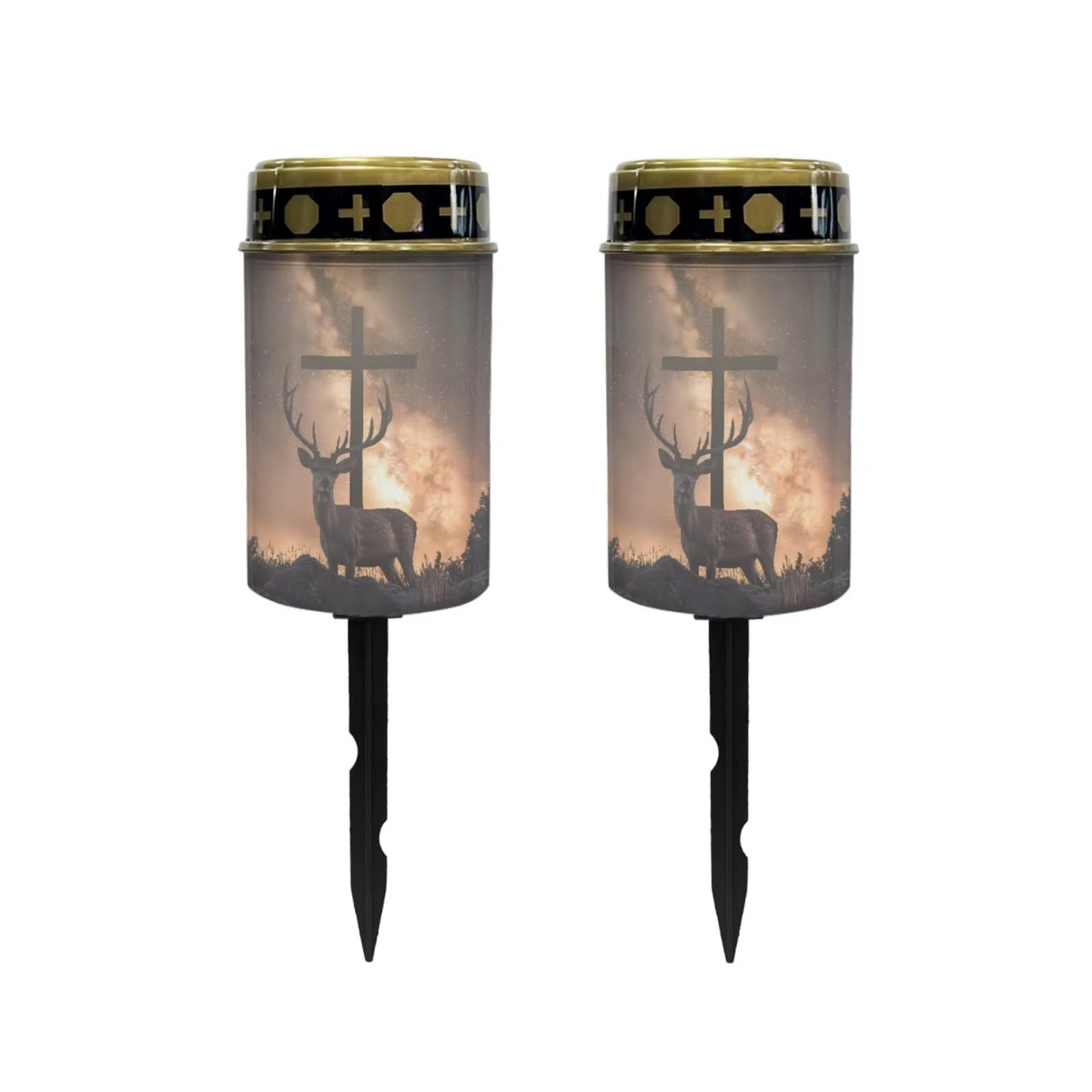 Poceacles 2 PCS Cross Solar Pathway Lights Outdoor Grave Solar Lights Outside Waterproof Cemetery Flameless Candles Outdoor Solar Candle Grave Markers Eternal Decor, Deer Cross Galaxy Brown