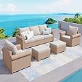 SUNSHINE VALLEY Patio Furniture Set 5 pcs, Wicker Rattan Sofa with 5.5" Thick Waterproof Cushions, 2 Chairs and Ottomans, All Weather Outdoor Conversation Set for Backyard Deck, 7 Seats Beige