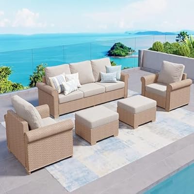SUNSHINE VALLEY Patio Furniture Set 5 pcs, Wicker Rattan Sofa with 5.5" Thick Waterproof Cushions, 2 Chairs and Ottomans, All Weather Outdoor Conversation Set for Backyard Deck, 7 Seats Beige