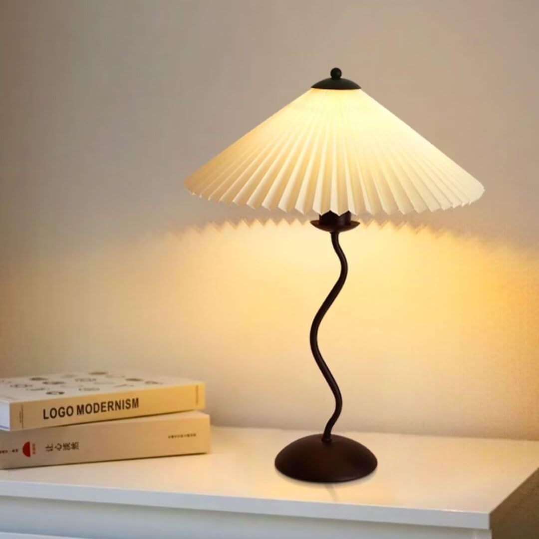 GUANSHAN Vintage Umbrella Shaped Table Lamp Night Light Pleated Lampshade Table Light Decorative Bedside Table Lighting for Bedroom, Living Room