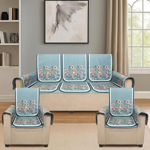 Image of Velvet Single Seater Sofa Cover with 2 Seat and Back Covers, 2 Hand Rest Covers - Floral Design - Washable Fabric - Stylish Sofa Cover for Modern Living Room (Green, 1 Seater With Arm Cover)