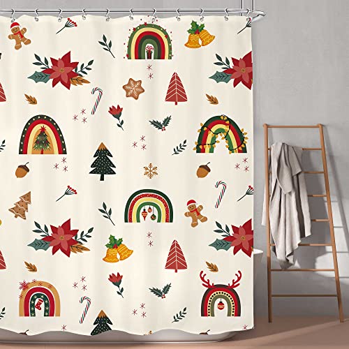 LGhtyro Weihnachts-Duschvorhang, Badezimmer-Set, 152 x 180 cm, Boho-Regenbogen-Badezubehör, Schneeflocken, Lebkuchenmann, Baum, Zuckerstange, Winterurlaub, Kunst, Heimdekoration, Stoff, 12 Stück Haken Cover